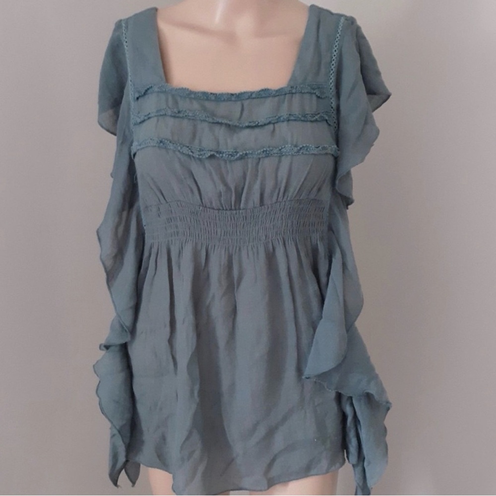 Mine Anthropologie Peasant Boho Shirt Top Blouse Aqua Teal Turquoise Gauzy Sz  M
